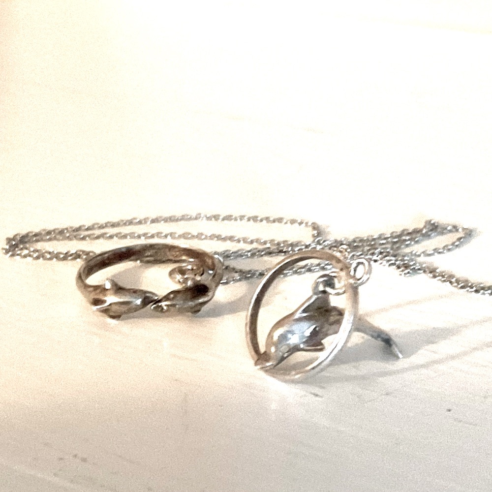 Vintage Dolphin Sterling Silver Pendant + Adjustable Ring, Dangling Dolphin